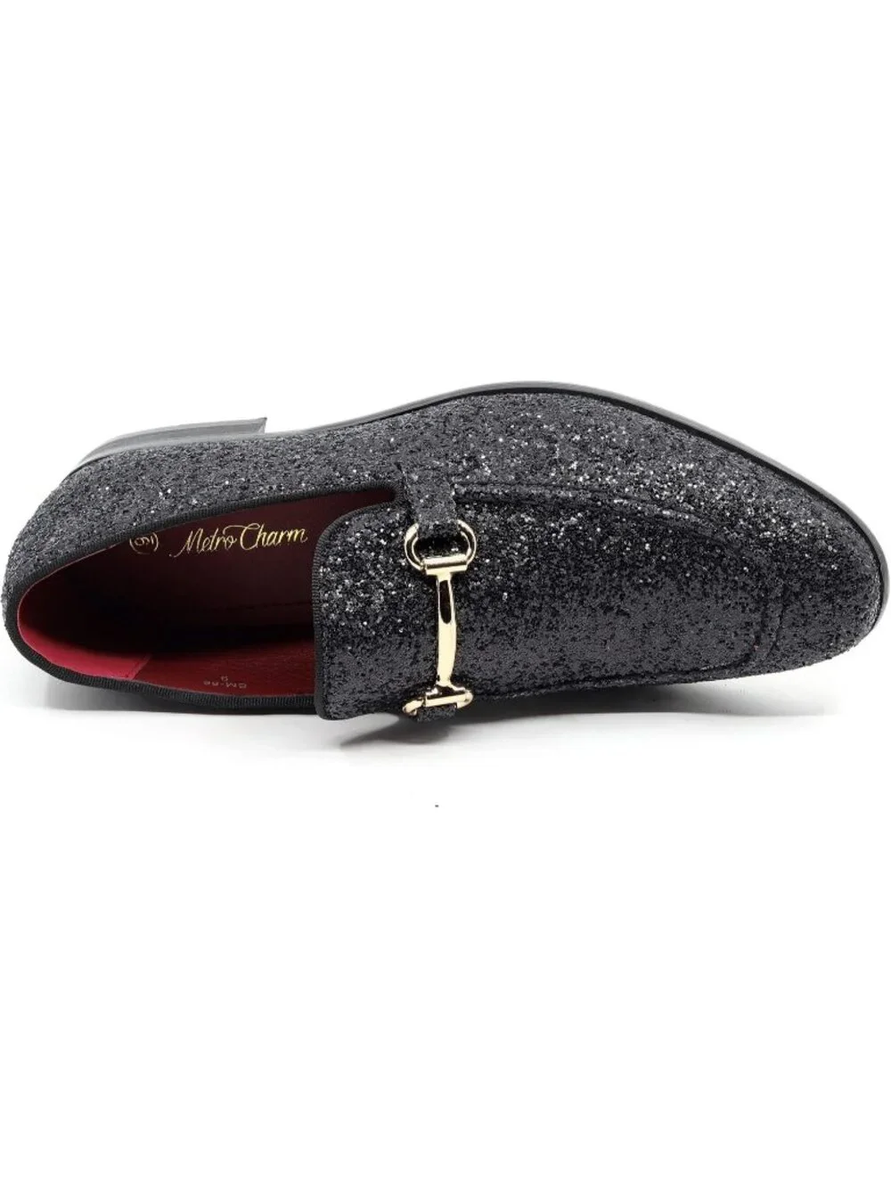 Metrocharm Men's Black Glitter Rubber Velvet Loafers Gold Buckle Slip On Shoes